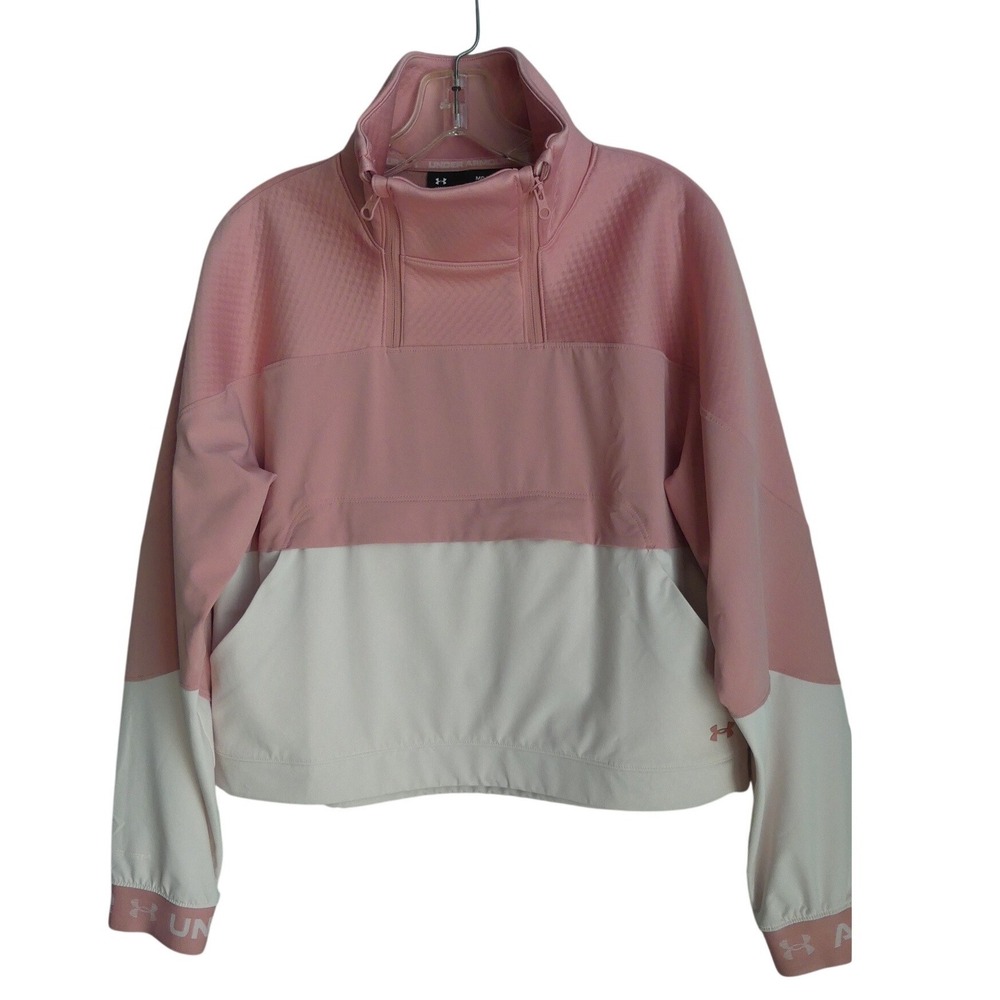 Under Armour Womens Pink Colorblock Windbreaker Pullover Mock Neck M Loose